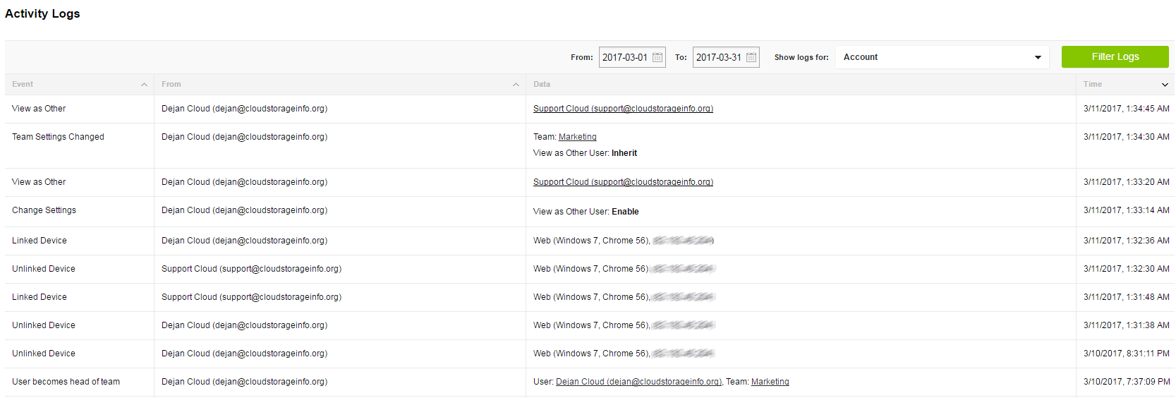 pCloud Business Pricing Activity Logs