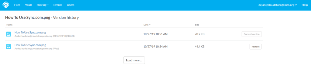 Sync.com vs pCloud Sync.com Version History