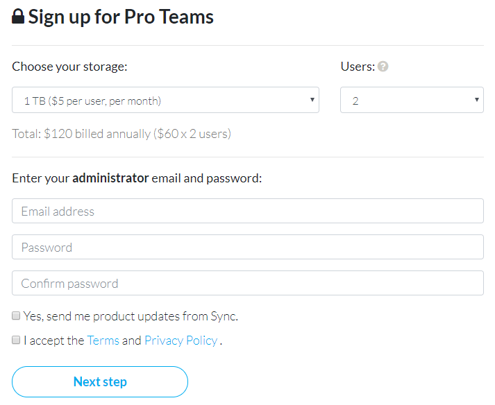 Sync.com Business Pro Teams plan sign-up