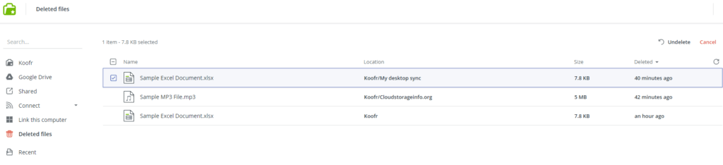 Koofr Review Deleted Files