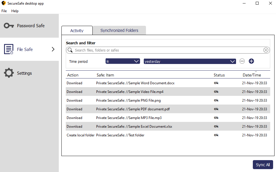 SecureSafe Review Desktop client activity