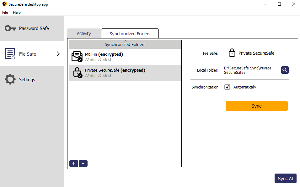 SecureSafe Review Desktop client sychronised folders