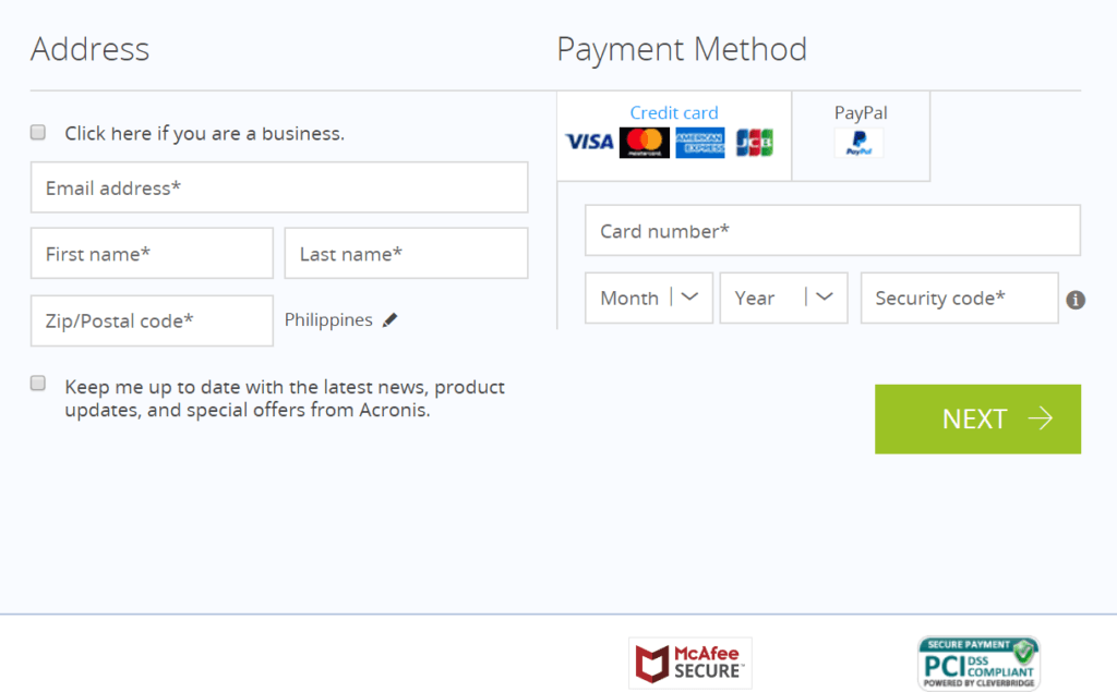 Acronis True Image Review - Payment Method