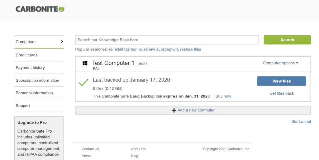 Carbonite Review - Web User Interface Dashboard