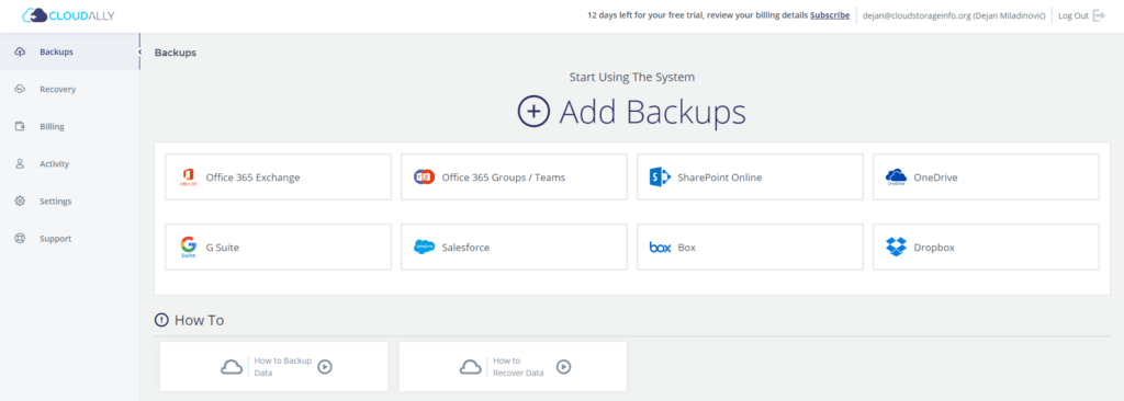 CloudAlly Review Initial Interface