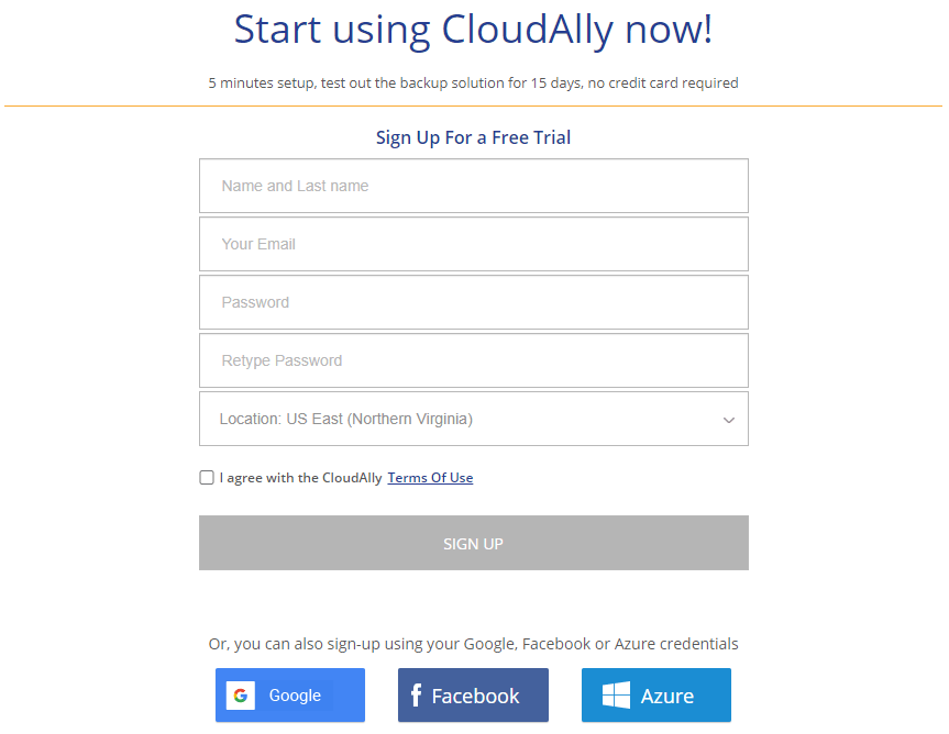 CloudAlly Review Sign-Up Screen