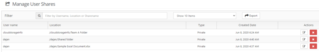 FileCloud Review Manage user shares