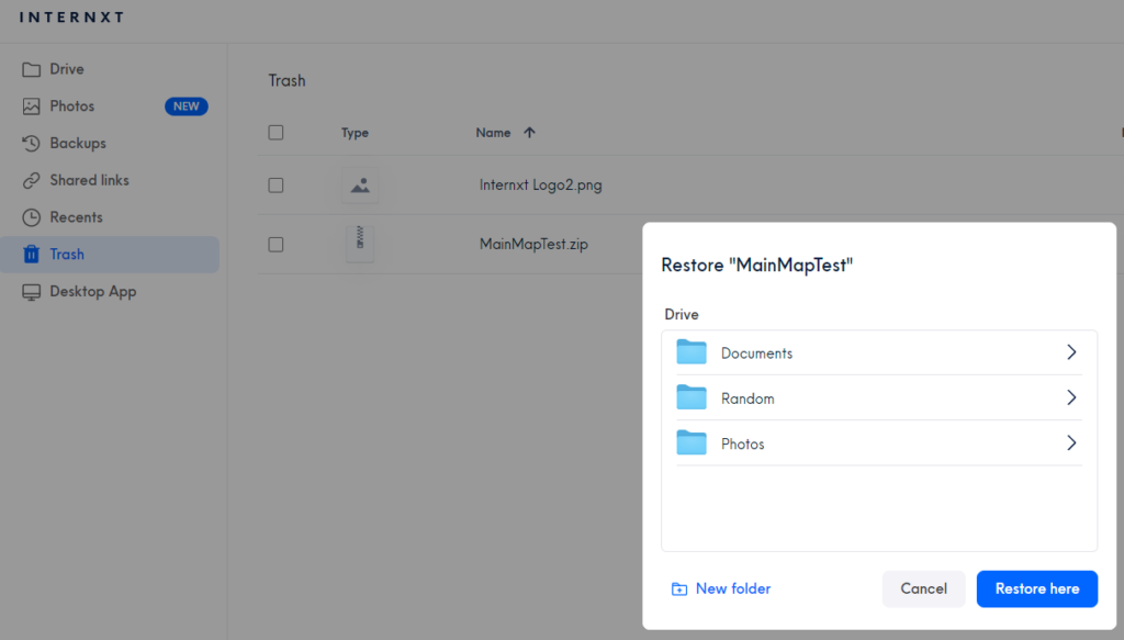 Internxt Review Restore a file